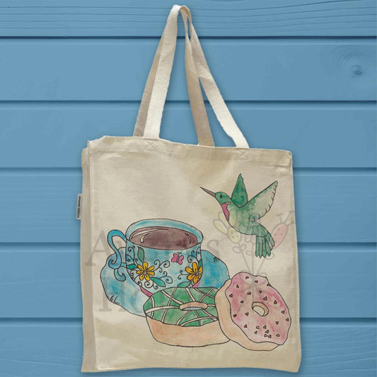 Flower Coffee Cup, Donuts & Hummingbird Organic Cotton Tote Bag