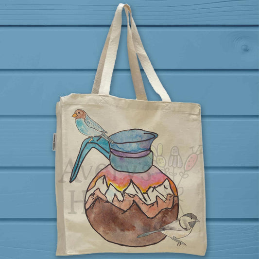 Mountain Coffee Pot & Birds Organic Cotton Tote Bag