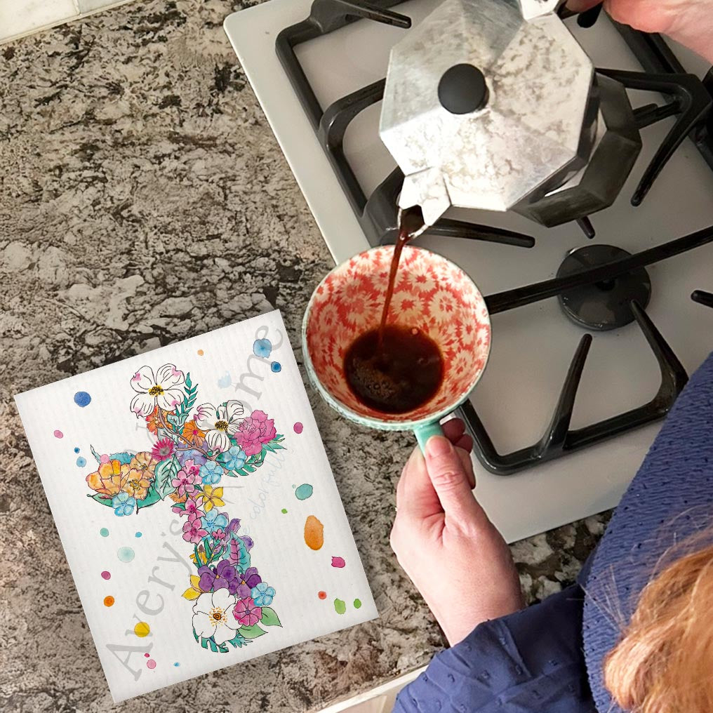 Flower Cross Swedish Dishcloth – Easter Christian Decor