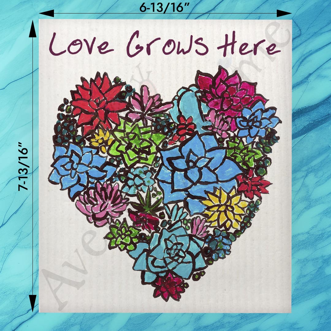 Love Grows Here Swedish Dishcloth – Heart & Flowers Gift