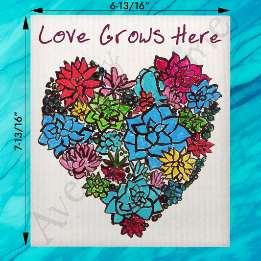 Love Grows Here Swedish Dishcloth – Heart & Flowers Gift