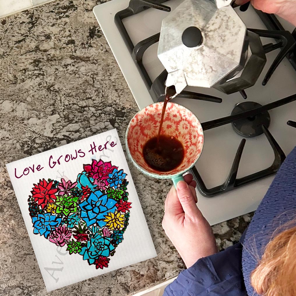 Love Grows Here Swedish Dishcloth – Heart & Flowers Gift
