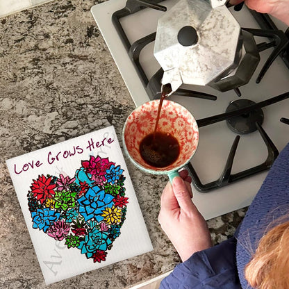 Love Grows Here Swedish Dishcloth – Heart & Flowers Gift