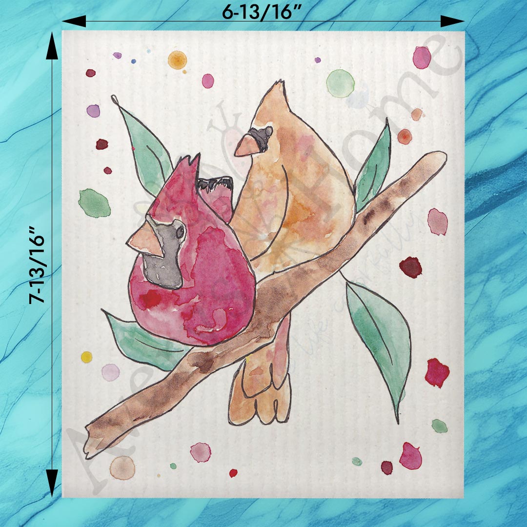 Cardinal Couple Swedish Dishcloth – Lovebirds in the Pines