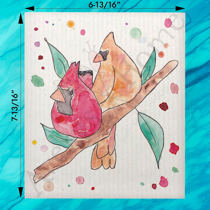 Cardinal Couple Swedish Dishcloth – Lovebirds in the Pines
