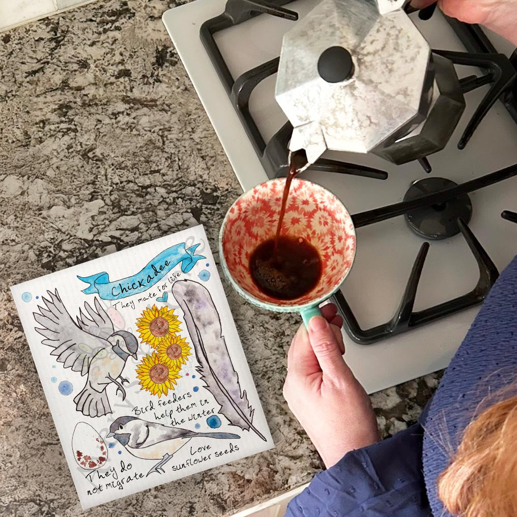 Chickadee Bird Facts Swedish Dishcloth – Whimsical Decor