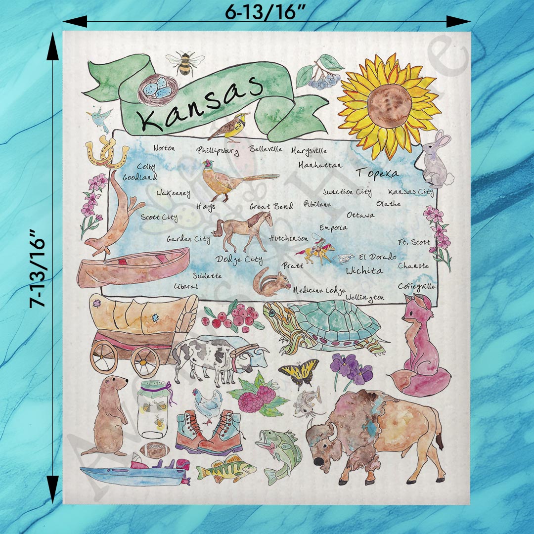 Kansas Map Swedish Dishcloth – Fields, Storms & Sunflowers