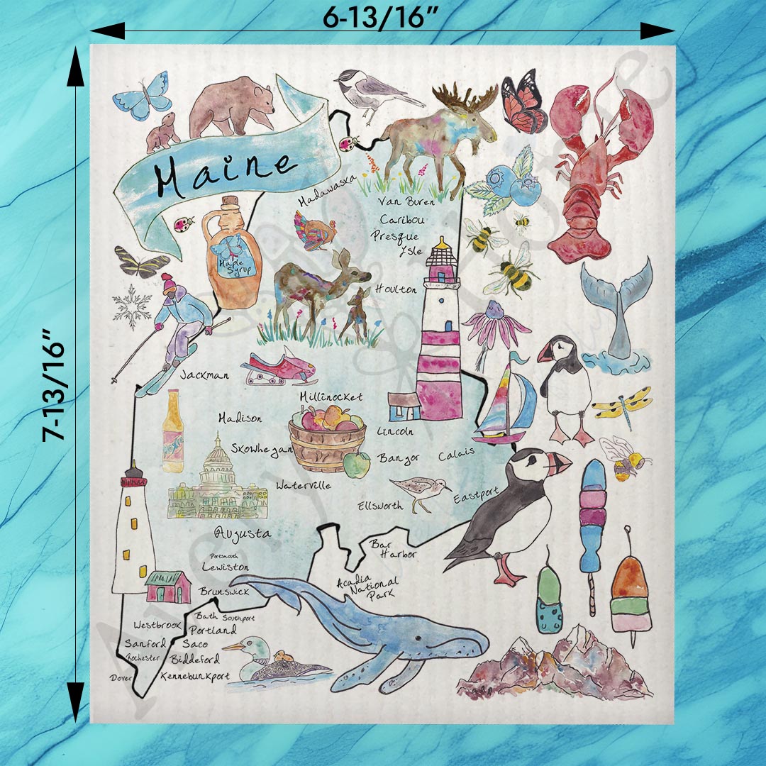 Maine Map Swedish Dishcloth – Lobsters, Pines & Pride