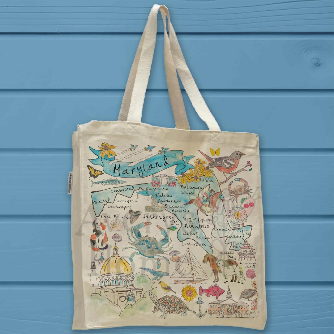 Maryland Map Organic Cotton Tote Bag – Sailboats, Shells & Skyline