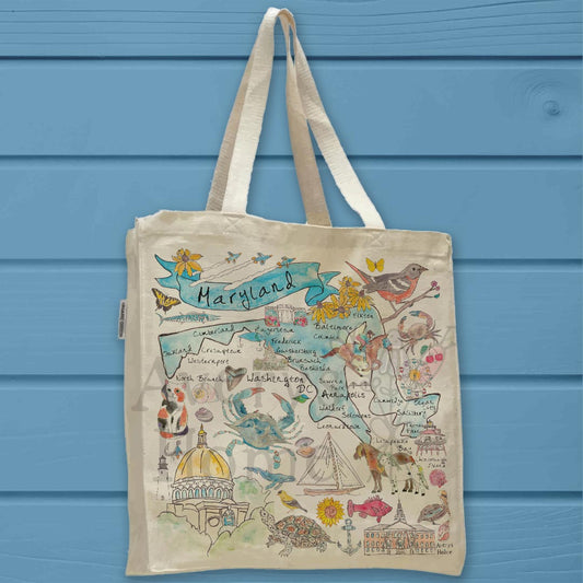 Maryland Map Organic Cotton Tote Bag – Sailboats, Shells & Skyline