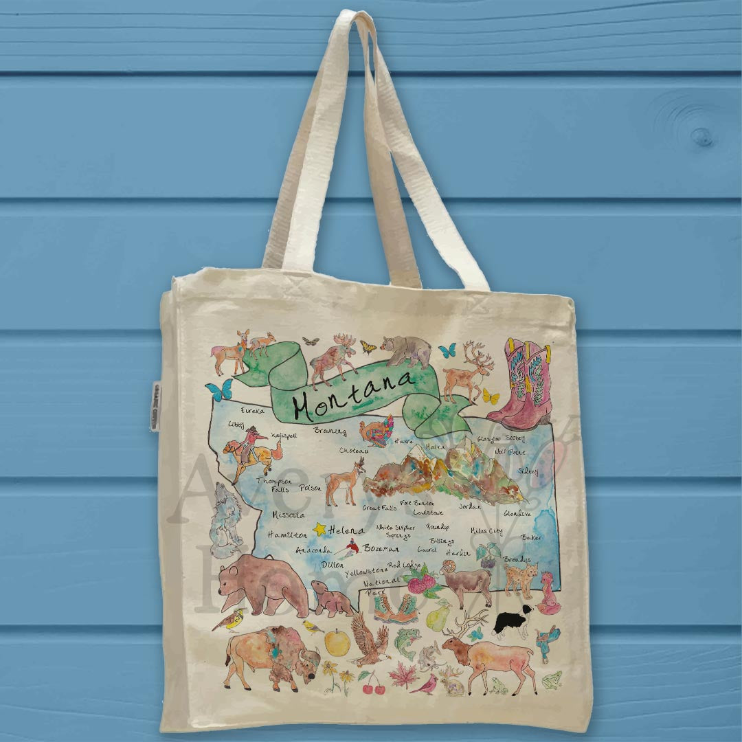 Montana Map Organic Cotton Tote Bag – Elk, Peaks & Wild Air