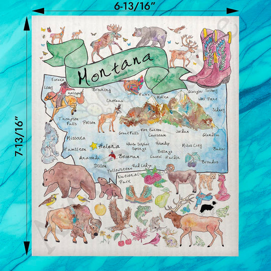 Montana Map Swedish Dishcloth – Elk, Peaks & Wild Air