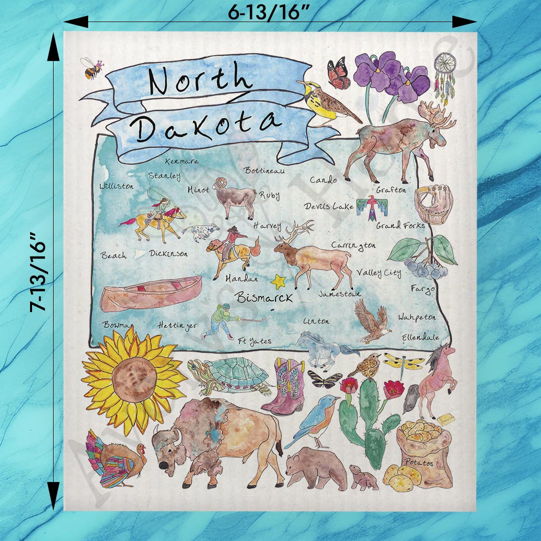 North Dakota Map Swedish Dishcloth – Buffalo, Sunflowers & Skies