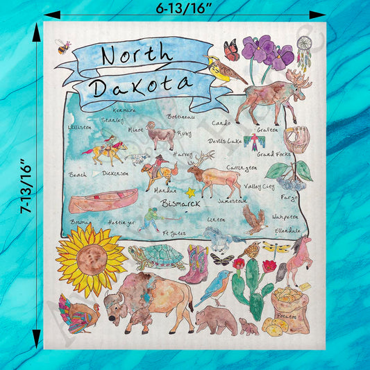 North Dakota Map Swedish Dishcloth – Buffalo, Sunflowers & Skies
