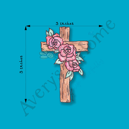 Christian Wooden Rose Cross 3" White Vinyl Die-Cut Sticker