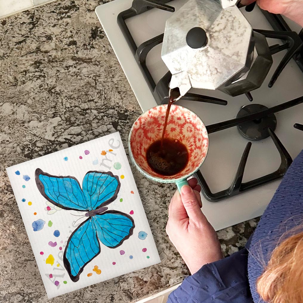 Blue Butterfly Spring Swedish Dishcloth