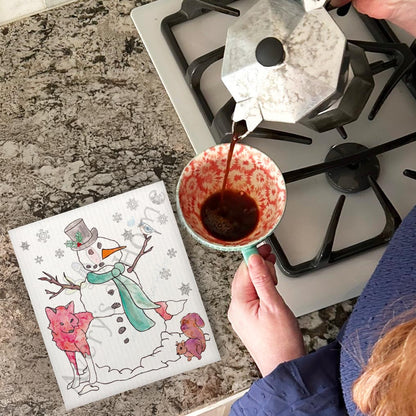 Winter Woodland Snowman Kitchen Holiday Swedish Dishcloth