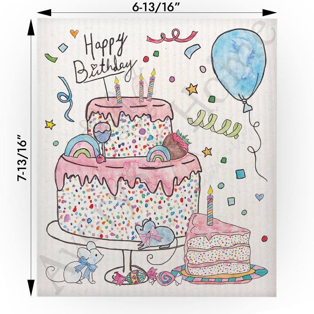 Happy Birthday Cake & Balloons Swedish Cloth