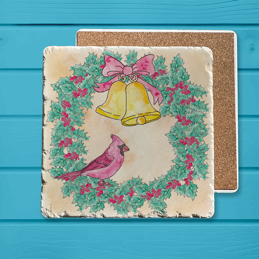 Cardinal Classic Christmas Wreath Tumbled Edge Stone Trivet