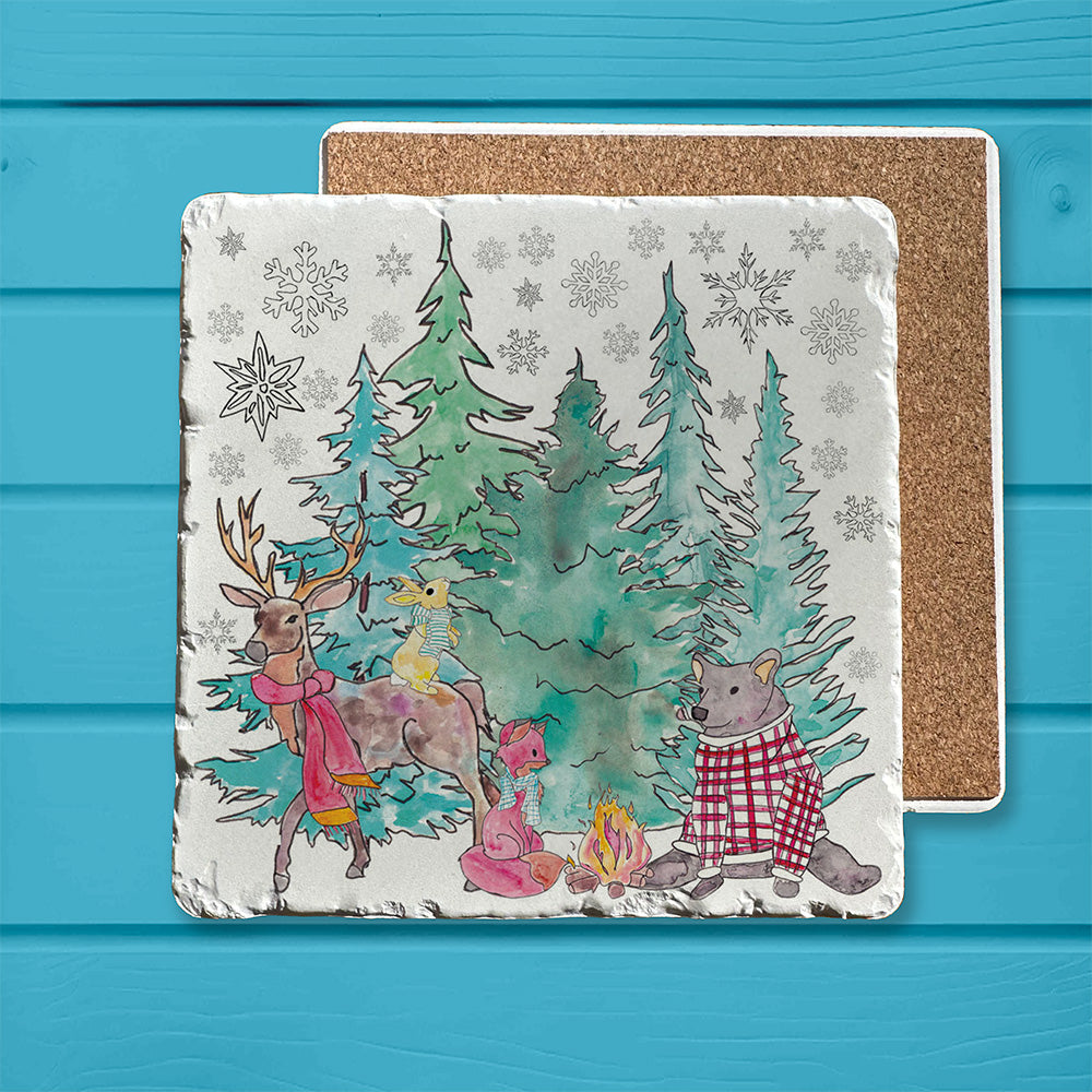 Woodland Critters Winter Wishes Tumbled Edge Stone Trivet