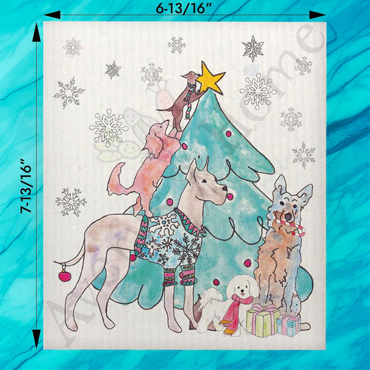 Dogs & Christmas Tree Swedish Dishcloth – Tail-Wagging Holiday