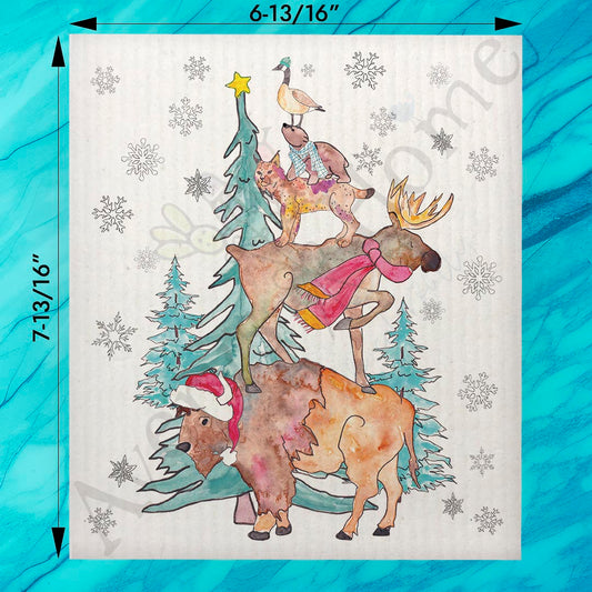 Woodland Animals Christmas Tree Swedish Dishcloth – Cozy Critters