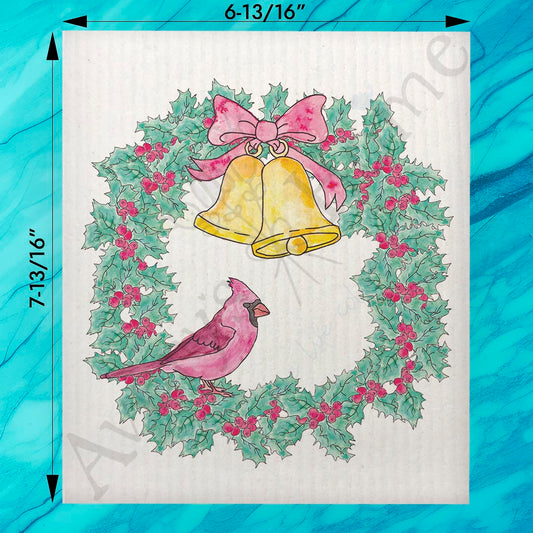 Cardinal Christmas Wreath Swedish Dishcloth – Classic Seasonal Symbol