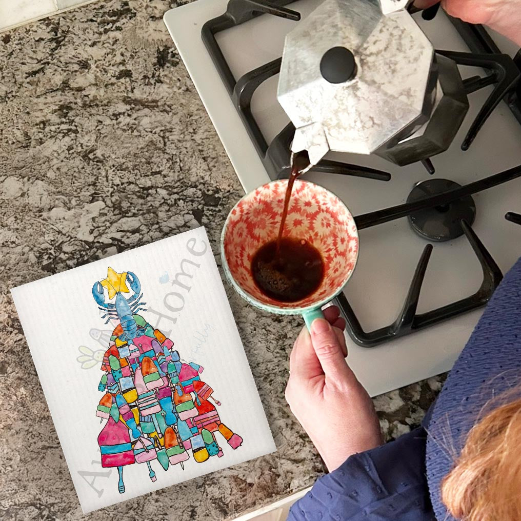 Lobster Buoy Tree Swedish Dishcloth – Coastal Holiday Catch