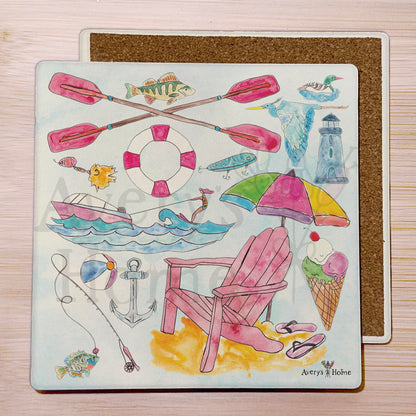 Lake Day Icons Stone Coaster