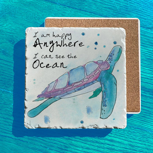 Happy Anywhere Ocean Sea Turtle Tumbled Edge Stone Trivet