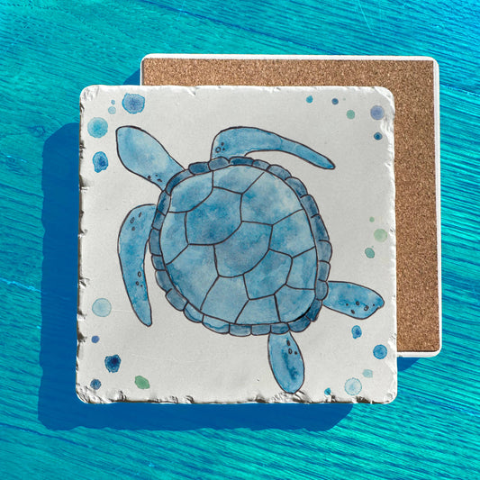 Blue Sea Turtle Watercolor Art Tumbled Edge Stone Trivet