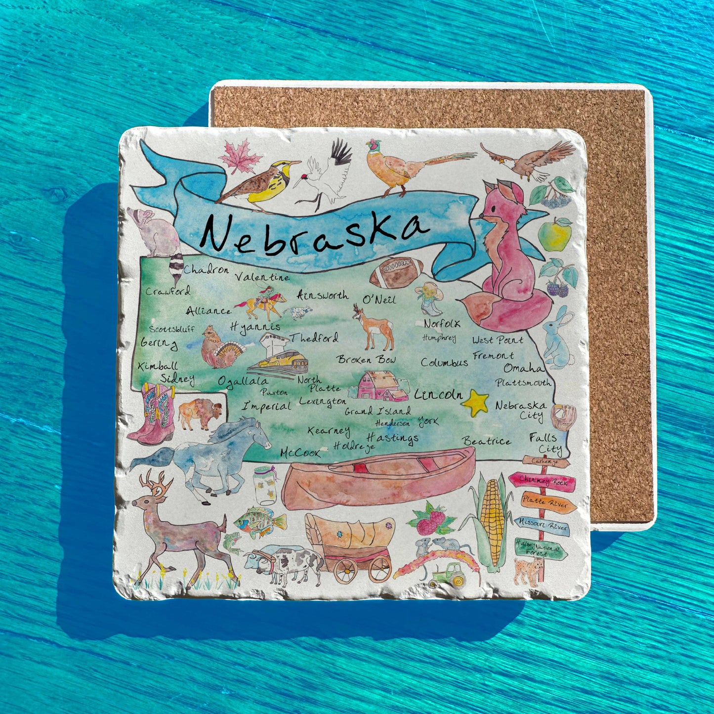Nebraska State Icon Map Watercolor Tumbled Edge Stone Trivet