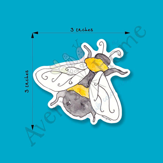Bee Watercolor Art Permanent 3" White Vinyl Die-Cut Sticker