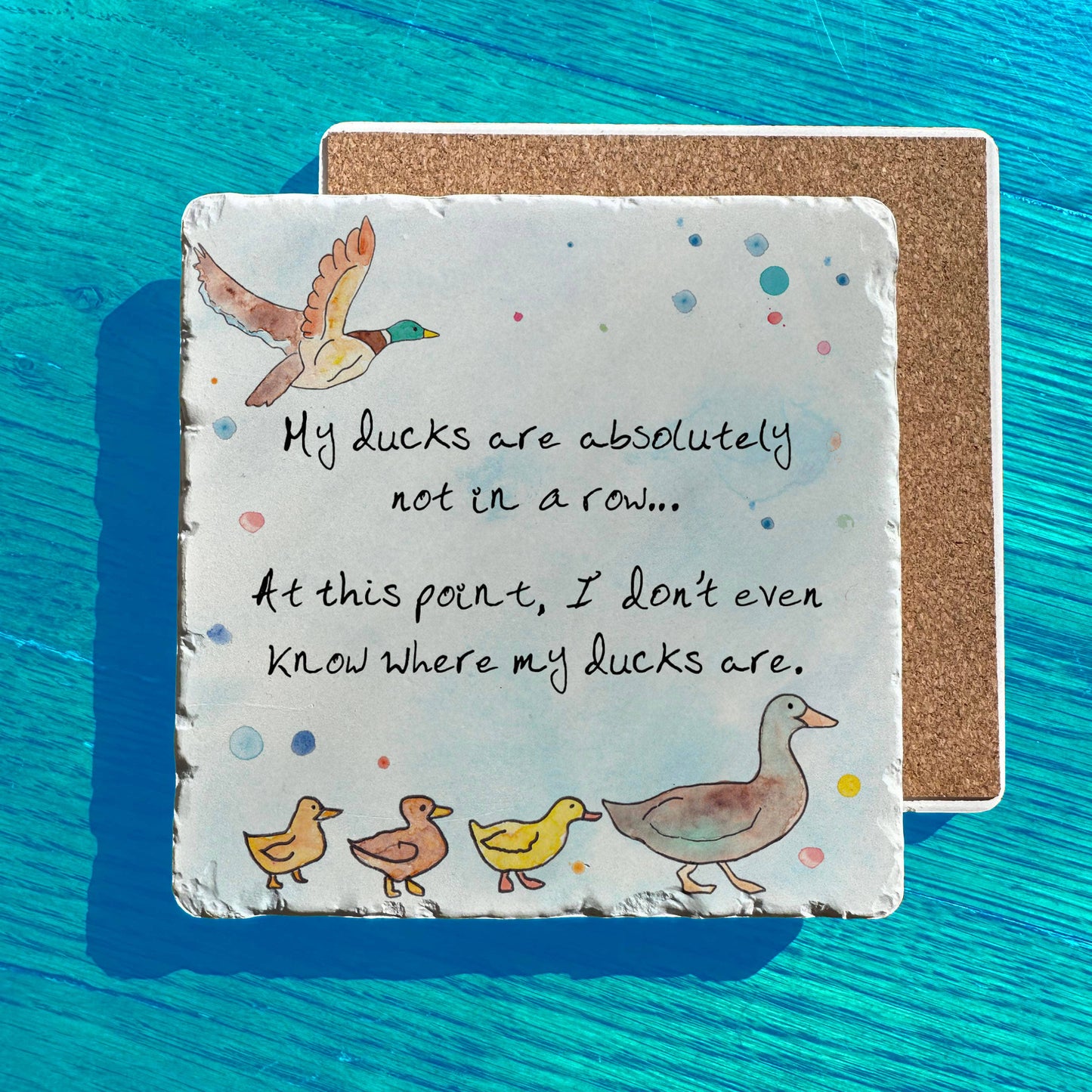 Ducks in a Row Watercolor Art Tumbled Edge Stone Trivet