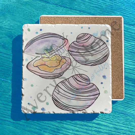 Ocean Clams Coastal Watercolor Art Tumbled Stone Trivet