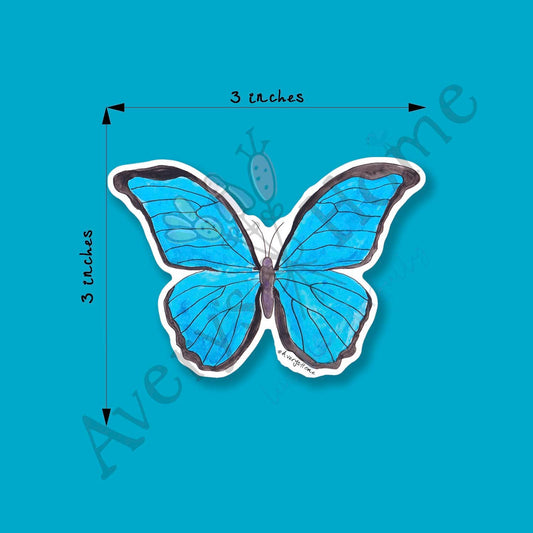 Blue Morpho Watercolor Art 3" White Vinyl Die-Cut Sticker