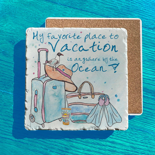 Favorite Ocean Vacation Watercolor Tumbled Edge Stone Trivet
