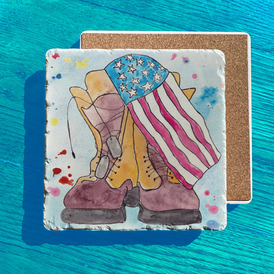 Patriotic Combat Boots American Flag Tumbled Stone Trivet