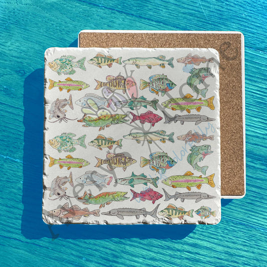 Lake Day Fresh Water Fishing Pattern Tumbled Stone Trivet