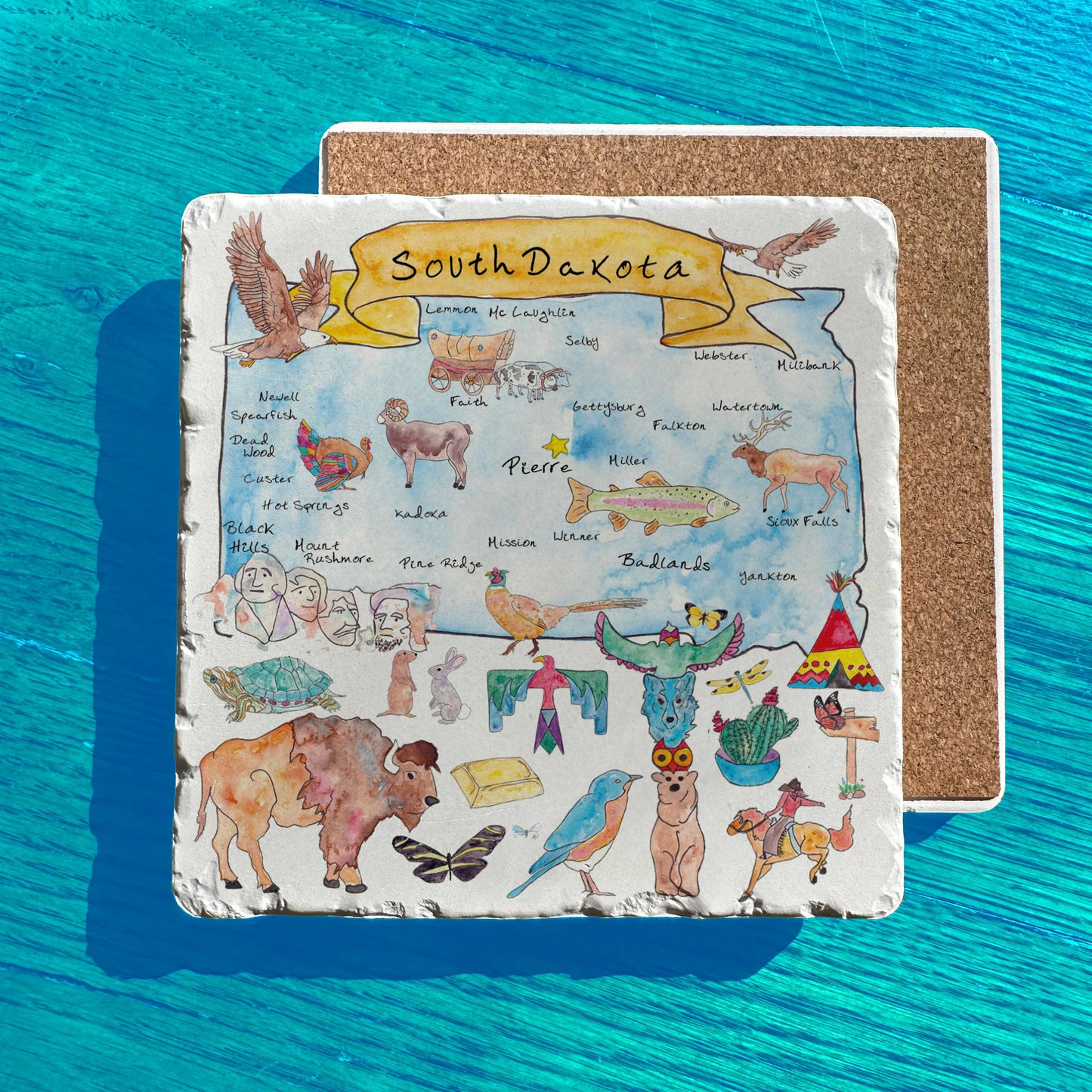 South Dakota State Icon Map Watercolor Tumbled Stone Trivet