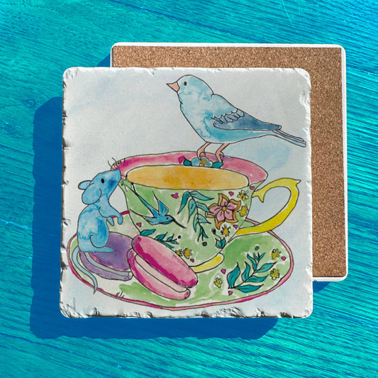 Tea Cup Party Mouse Macaroon Blue Bird Tumbled Stone Trivet