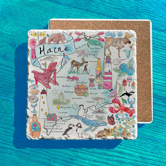 Maine State Icons Map Tumbled Stone Trivet