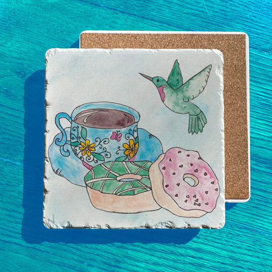 Flower Hummingbird Coffee Cup Donut Tumbled Stone Trivet