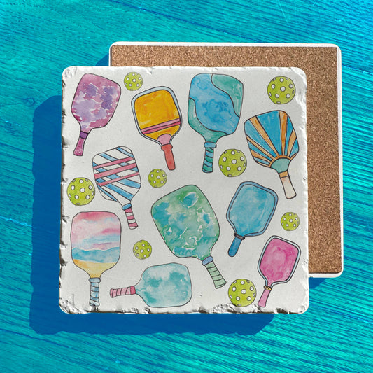 Colorful Pickleball Paddles Tumbled Edge Stone Trivet