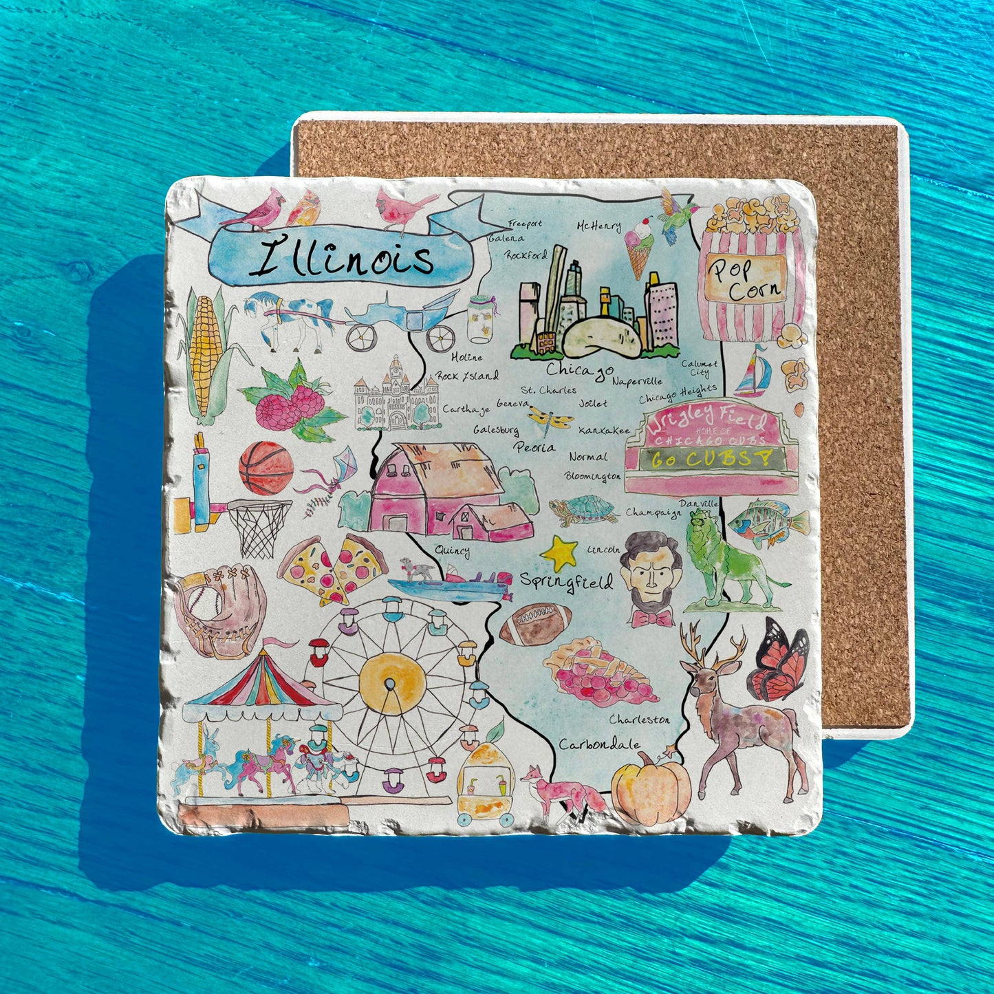 Illinois State Icons Map Tumbled Stone Trivet