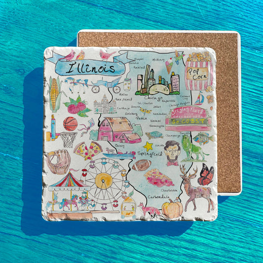 Illinois State Icons Map Tumbled Stone Trivet