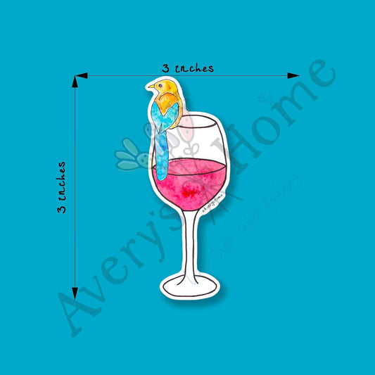 Bird on a Wine Glass Watercolor Art 3" Vinyl Die-Cut Sticker