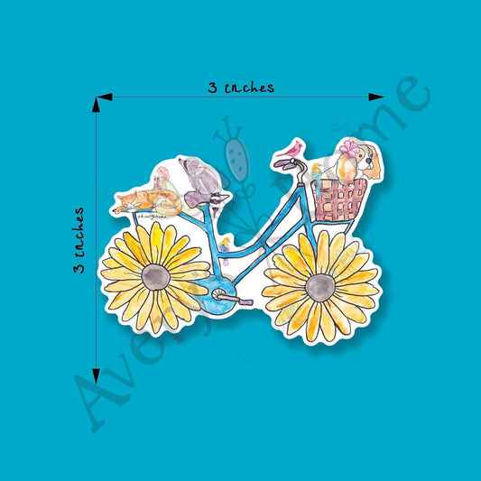 Flower Bike Watercolor Art 3" White Vinyl Die-Cut Sticker