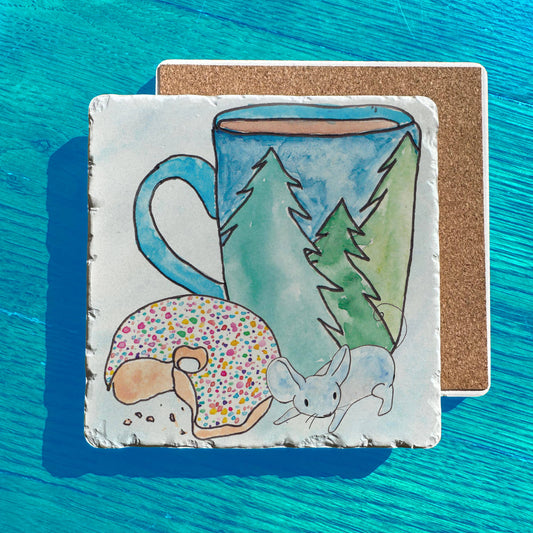Forest Coffee Cup Donut Mouse Art Tumbled Edge Stone Trivet