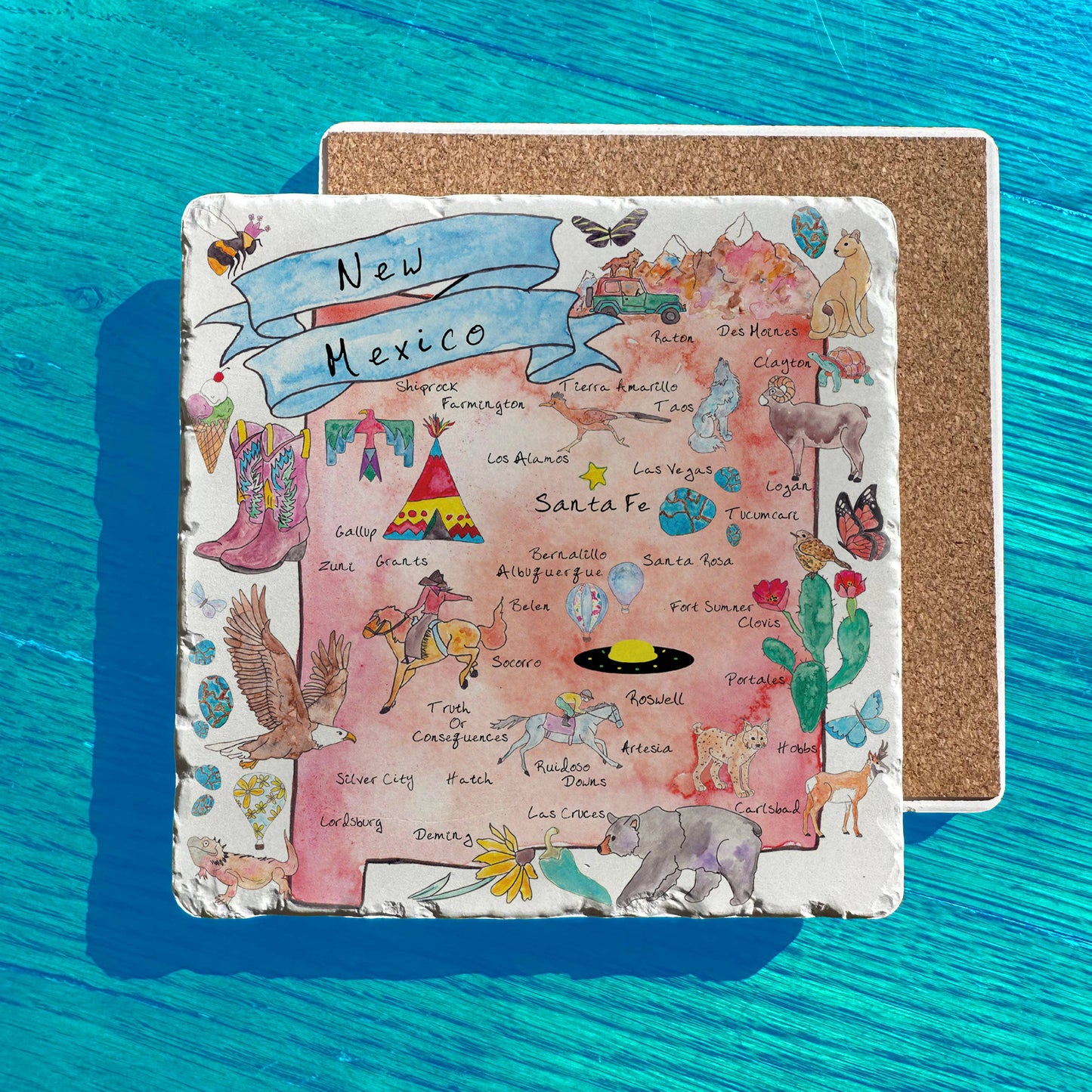 New Mexico State Icons Map Tumbled Stone Trivet